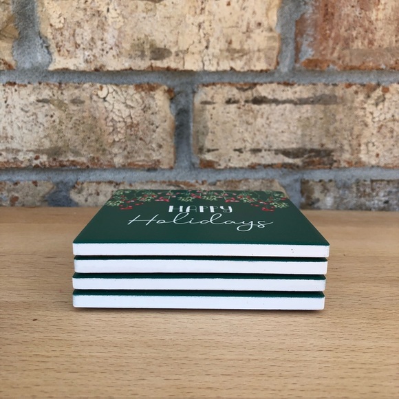 Christmas Happy Holidays Box of 4 Pc. Green Red Holidays Ceramic Coasters - Picture 8 of 15